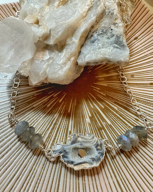 Labradorite and Druzy Quartz Mirror Necklace