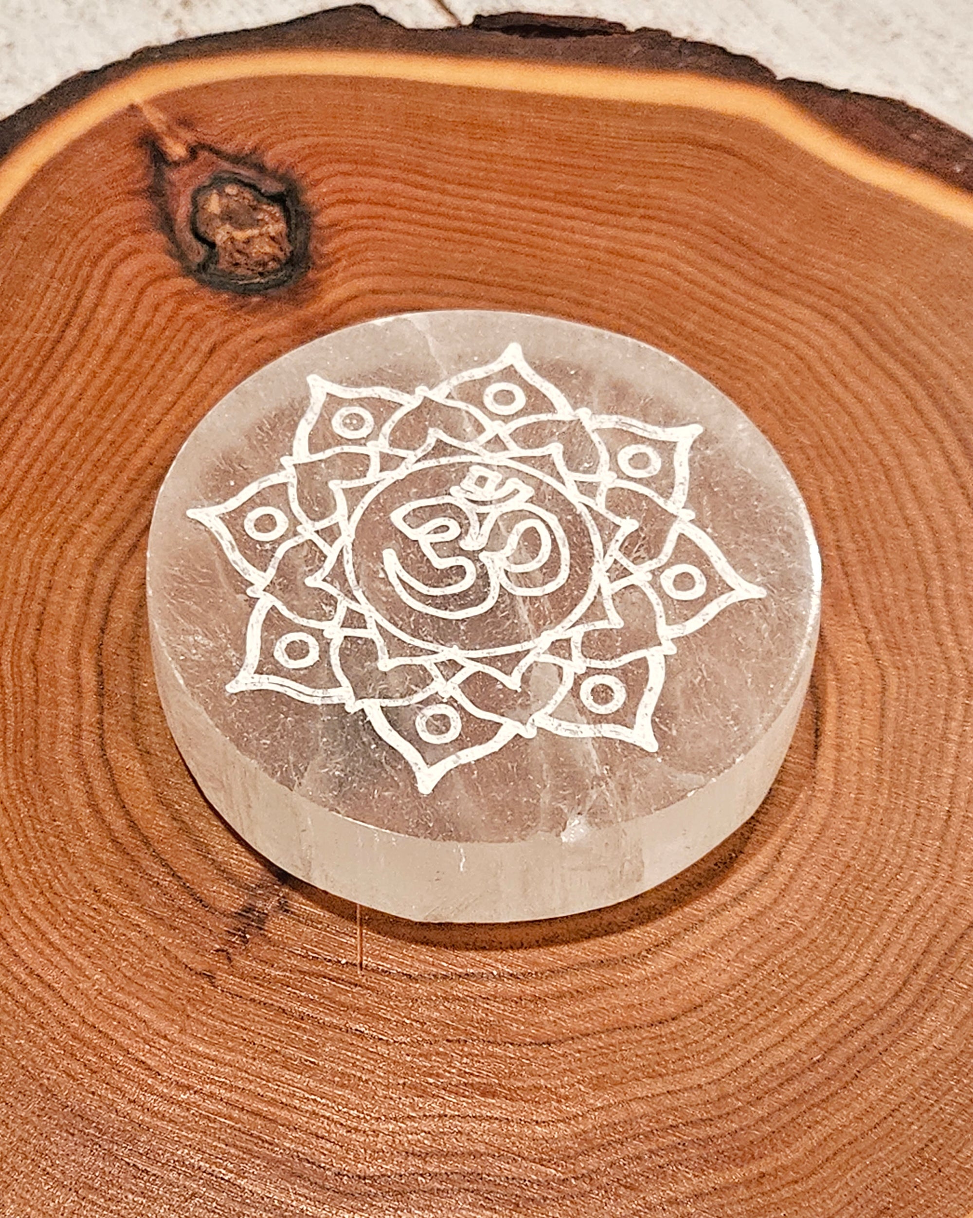"Om" Selenite Disk