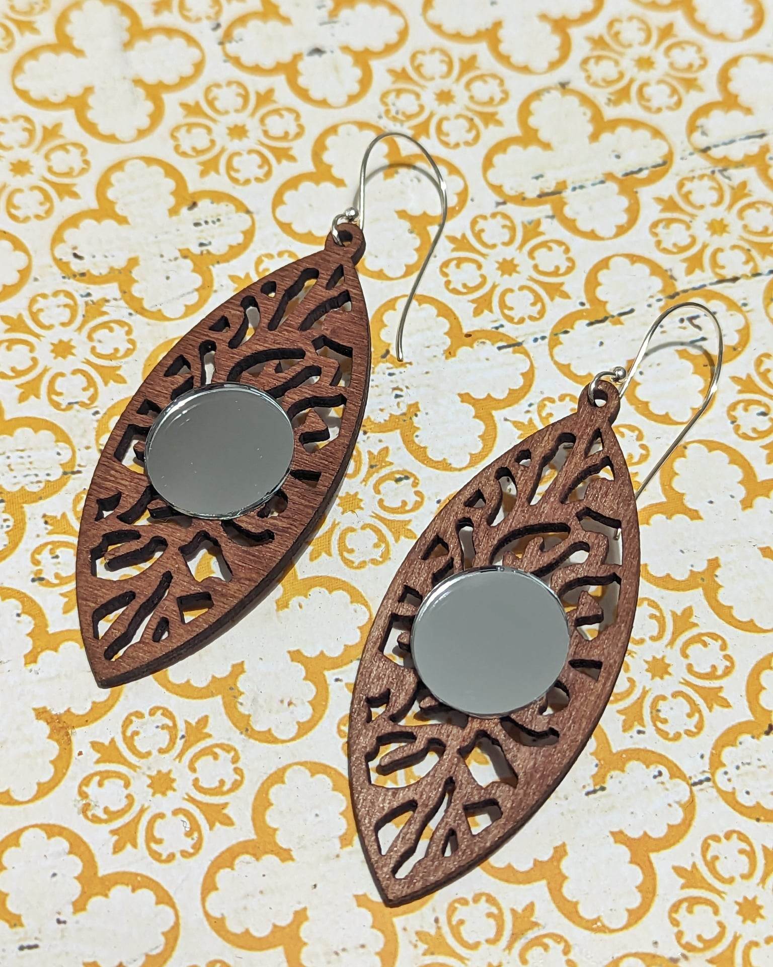 Wooden Leaf Mirror Earrings