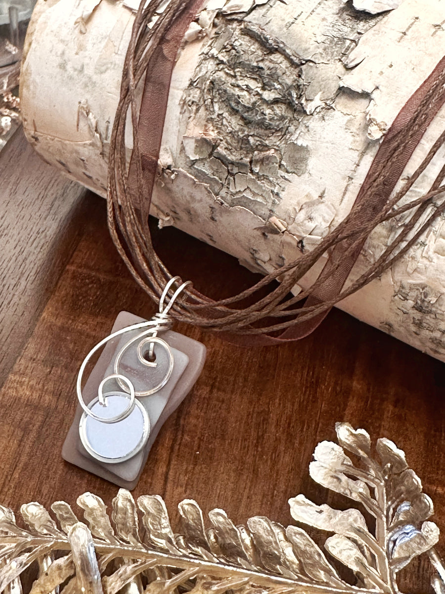 Coco Ribbon and Gray Tumbled Glass Mirror Necklace