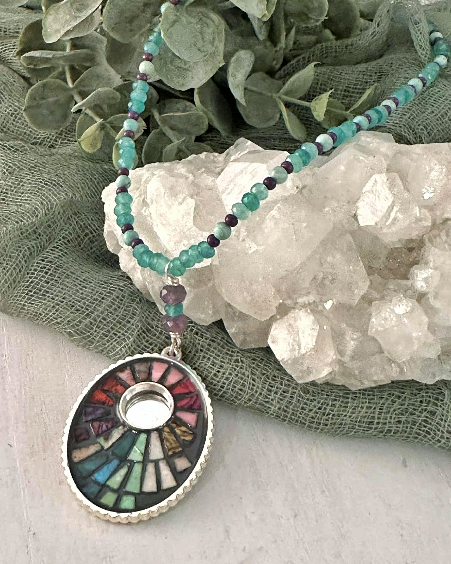 Turquoise and Jade Mirror Necklace