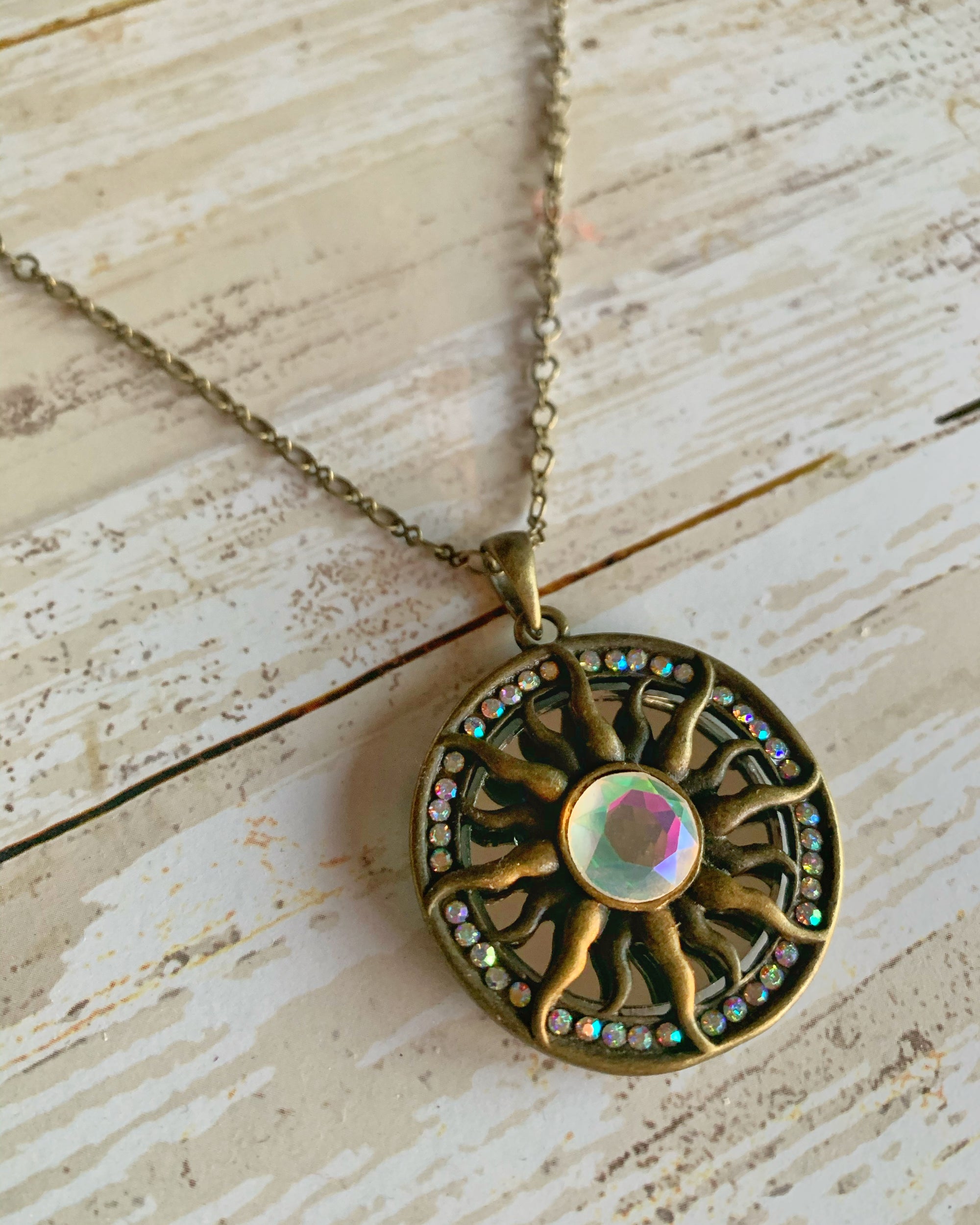 Sunburst Mirror Necklace with Crystals