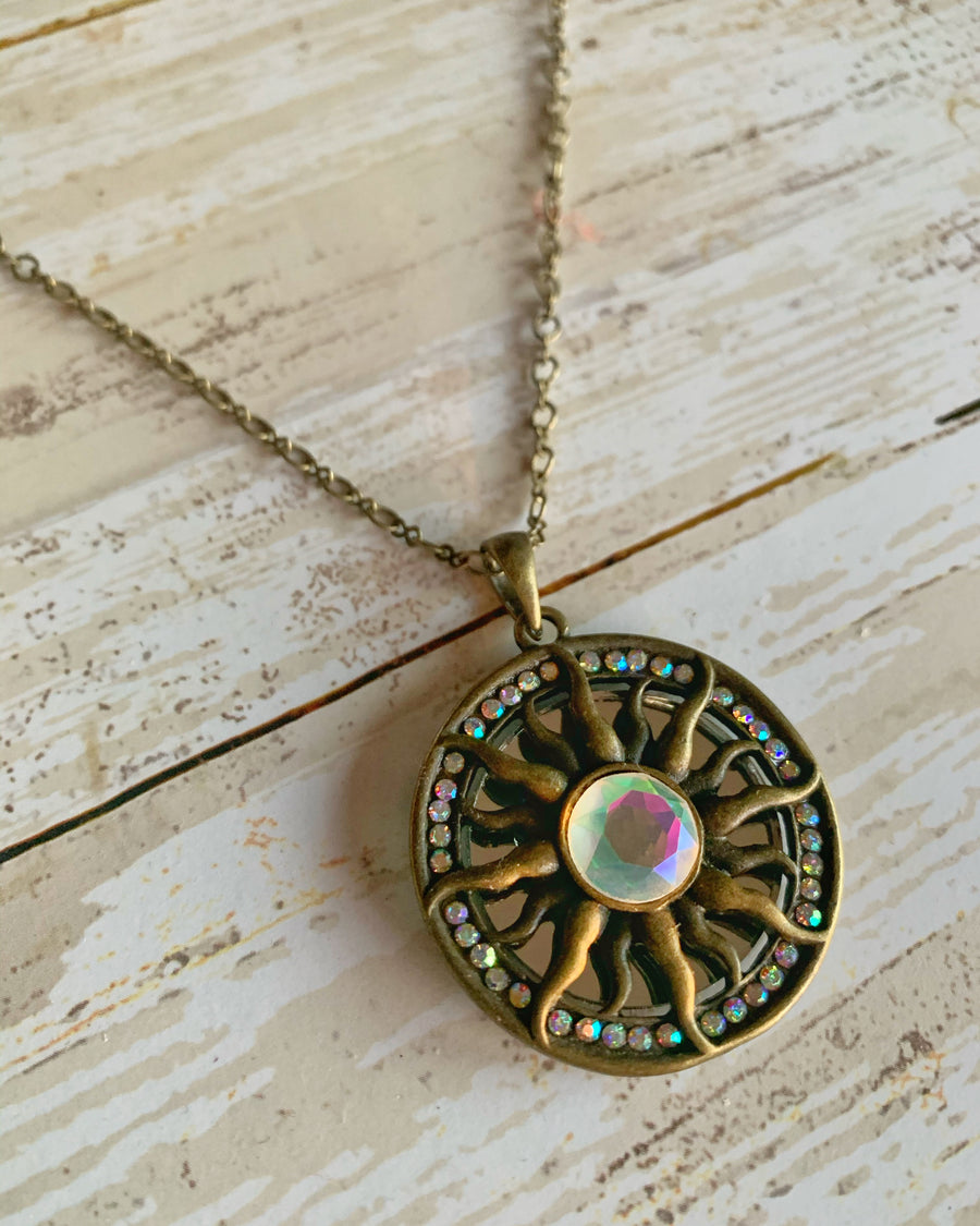 Sunburst Mirror Necklace with Crystals
