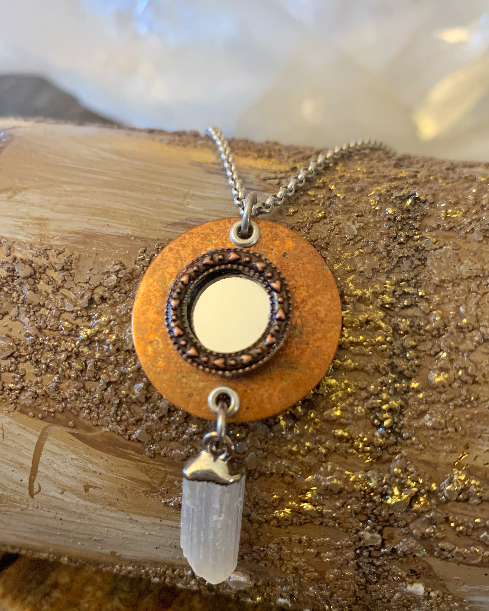 Selenite and Copper Mirror Necklace