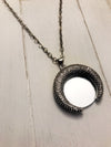 Crescent Gun Metal Mirror Necklace on Antique Silver Chain
