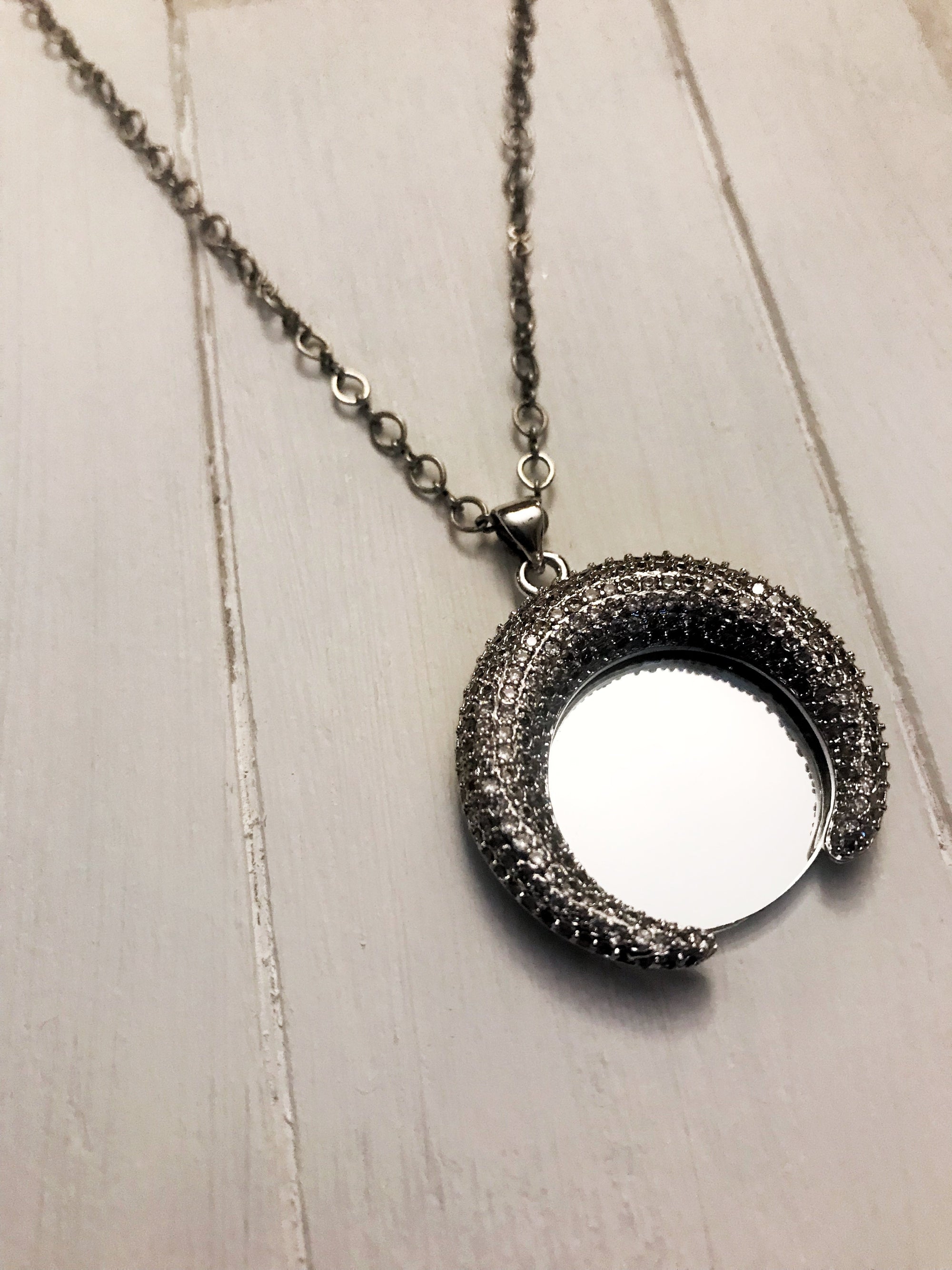 Crescent Gun Metal Mirror Necklace on Antique Silver Chain