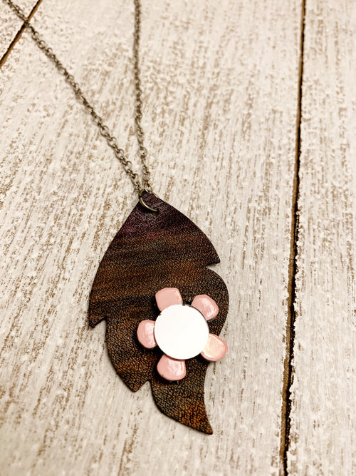 Rustic Leather Leaf Mirror Necklace