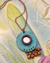 Teal Leather and Wood Mirror Necklace