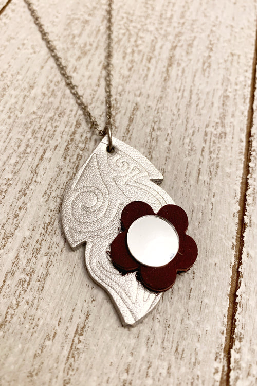 Silver and Burgundy Leather Leaf Mirror Necklace