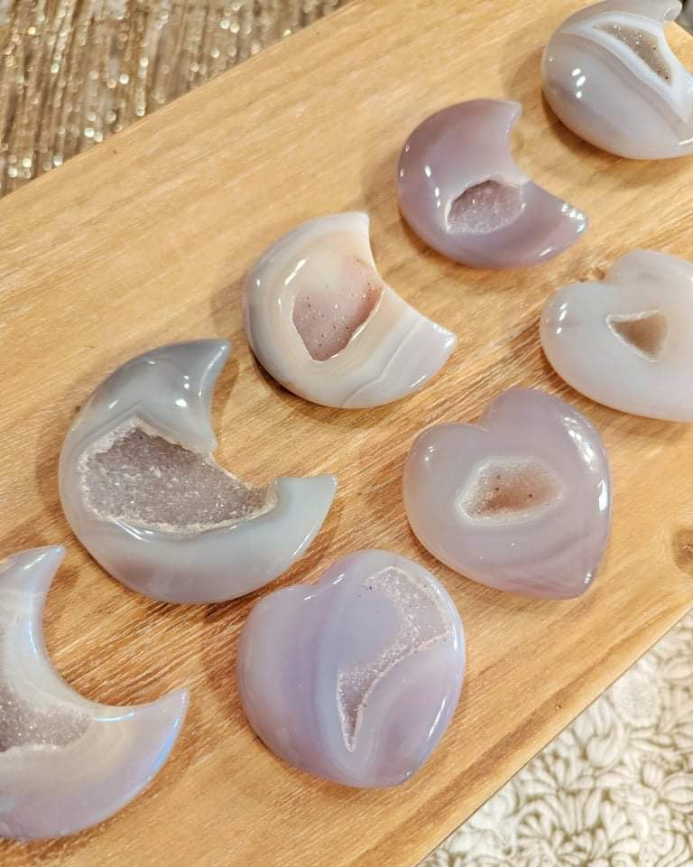 Druzy Quartz Moon and Heart Stones
