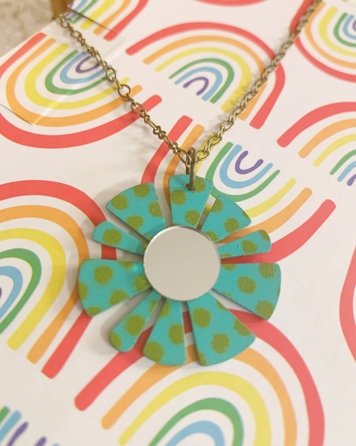 Teal and Olive Flower Mirror Necklace