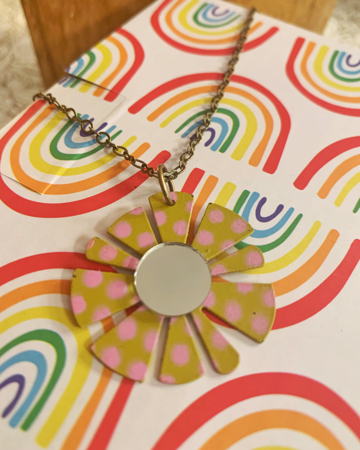 Pink and Olive Flower Mirror Pendant