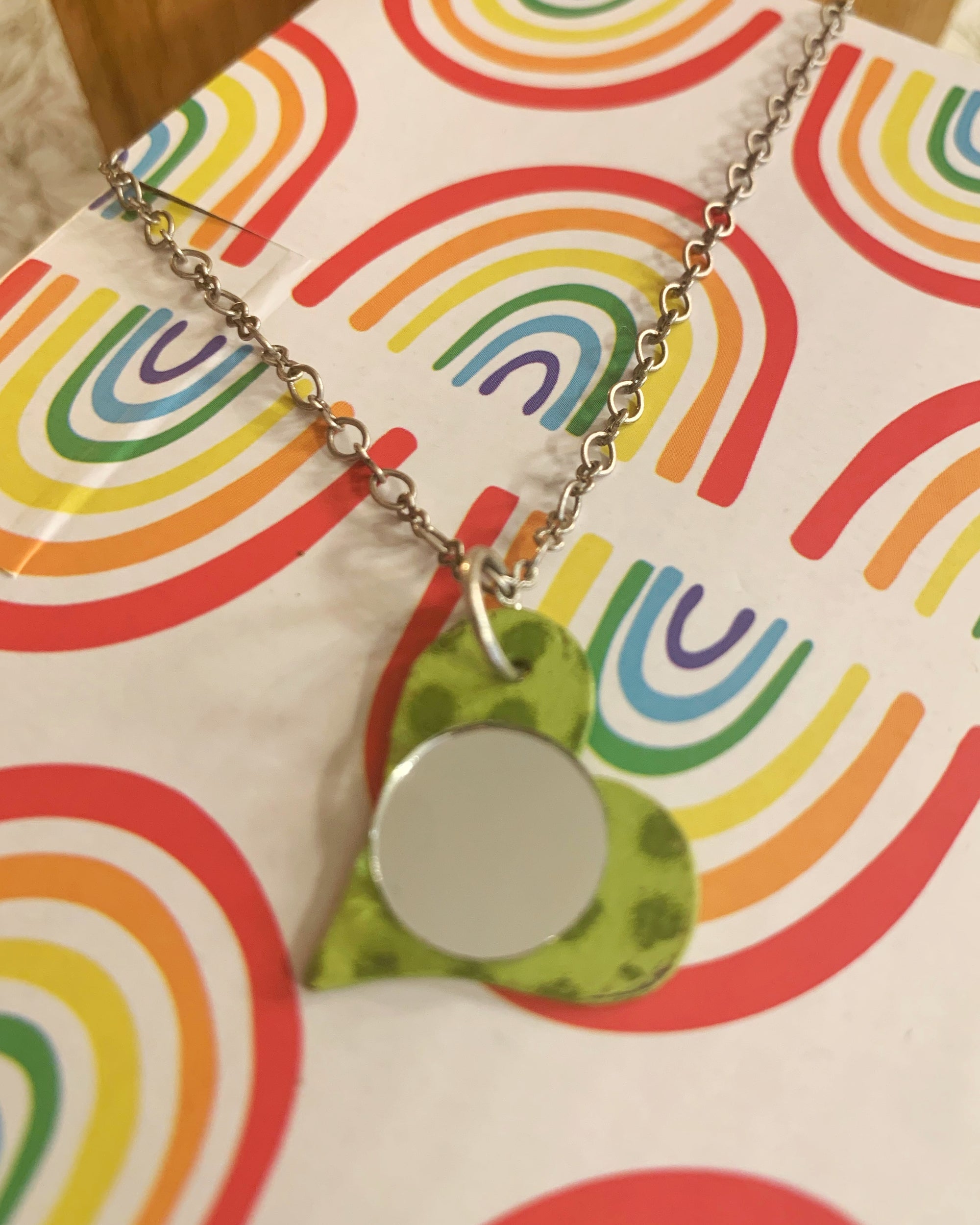 Lime Polka Dot Heart Mirror Necklace