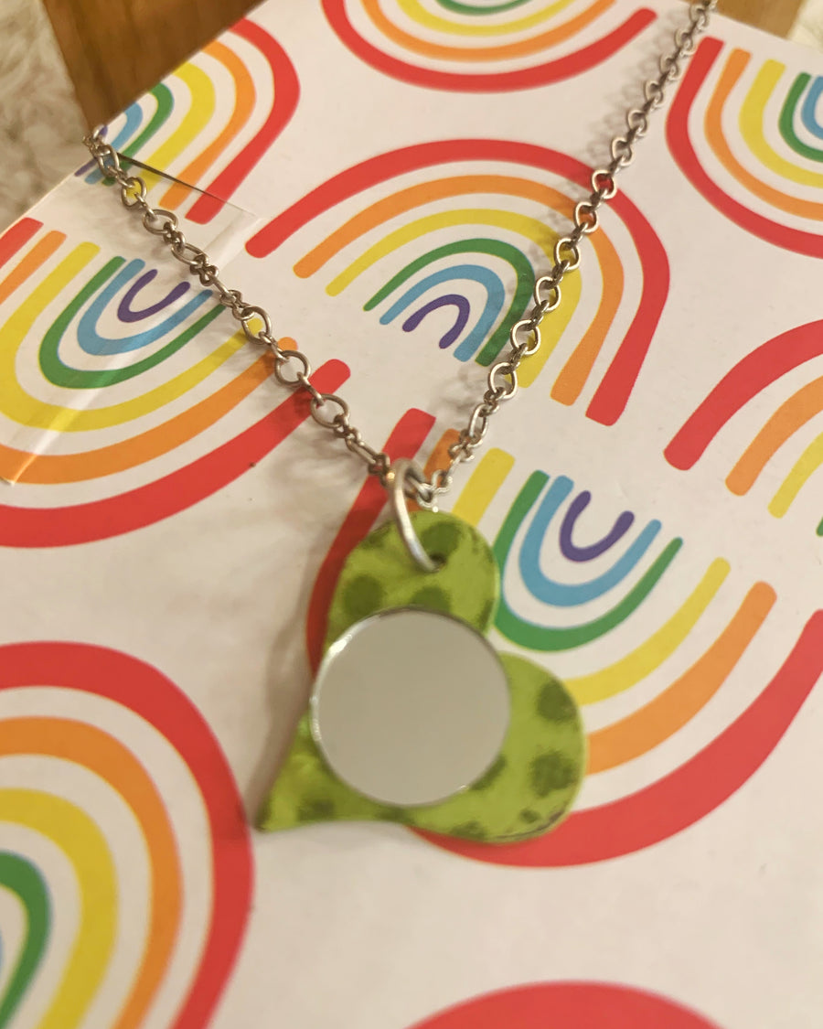Lime Polka Dot Heart Mirror Necklace