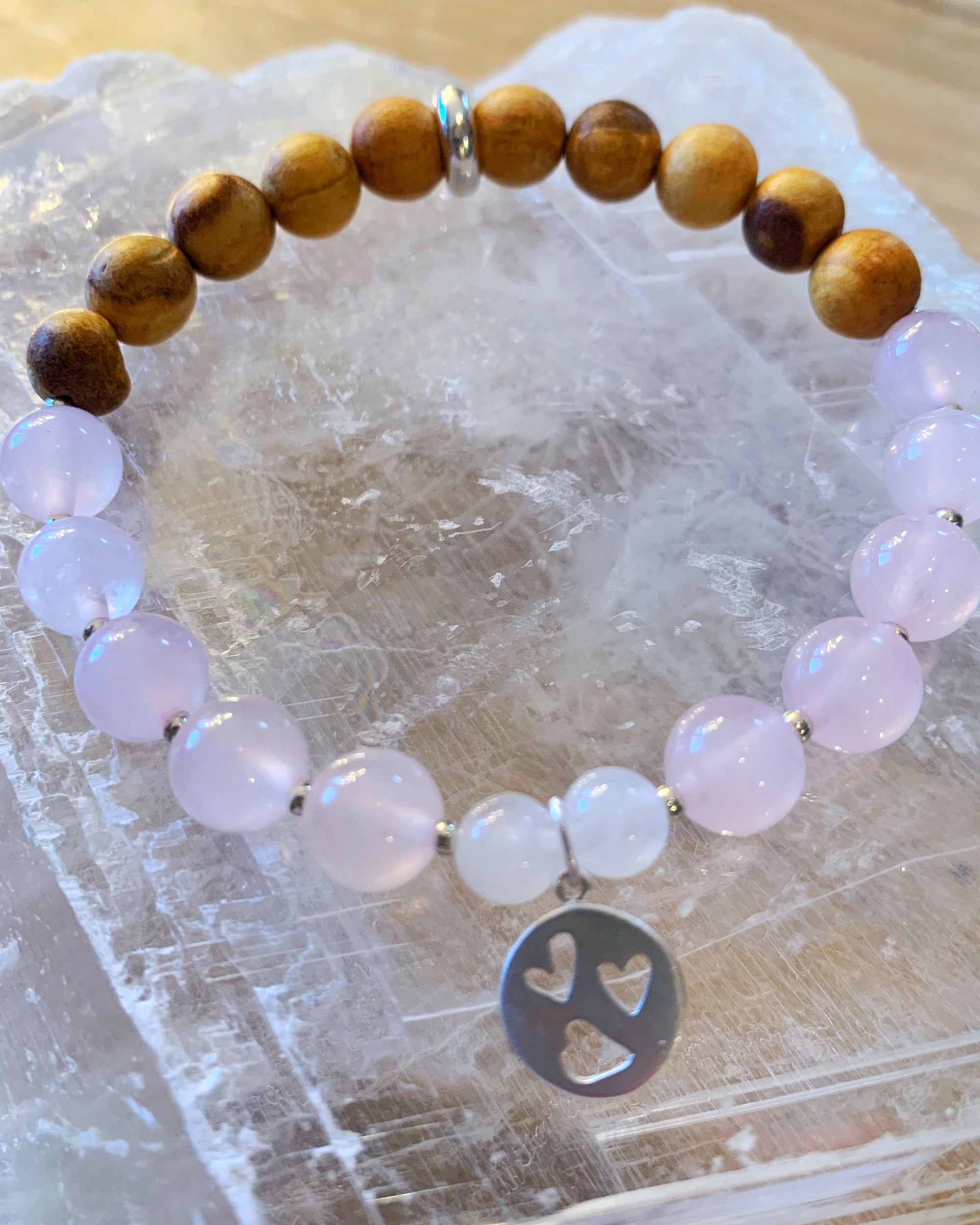 Rose Quartz and Palo Santo Bracelet with Sterling Charm