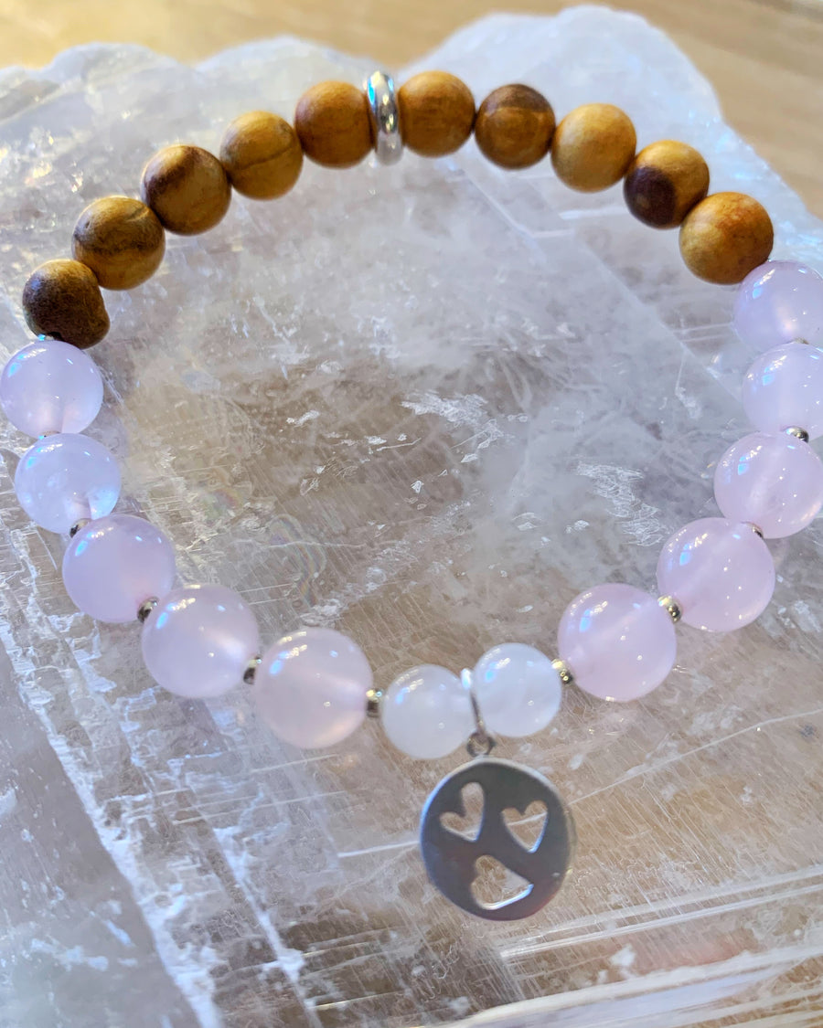 Rose Quartz and Palo Santo Bracelet with Sterling Charm